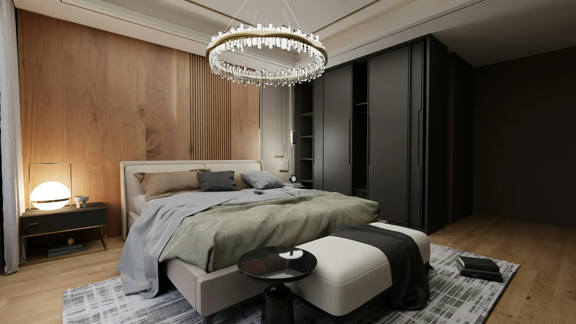 Complete bedroom with wood cladding