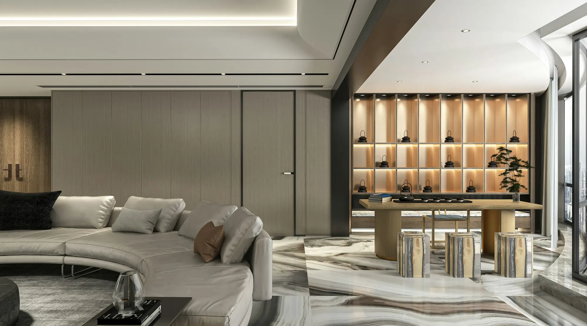Illuminated wooden bookcases and shelving